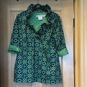 Gretchen Scott Navy & Green Geometric Ruffled Blouse